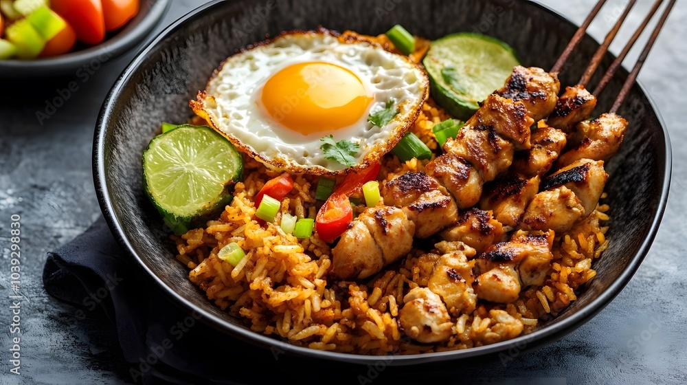 A serving of Indonesian nasi goreng, with fried rice, a fried egg, and chicken satay.
A serving of Indonesian nasi goreng, with fried rice, a fried egg, and chicken satay.