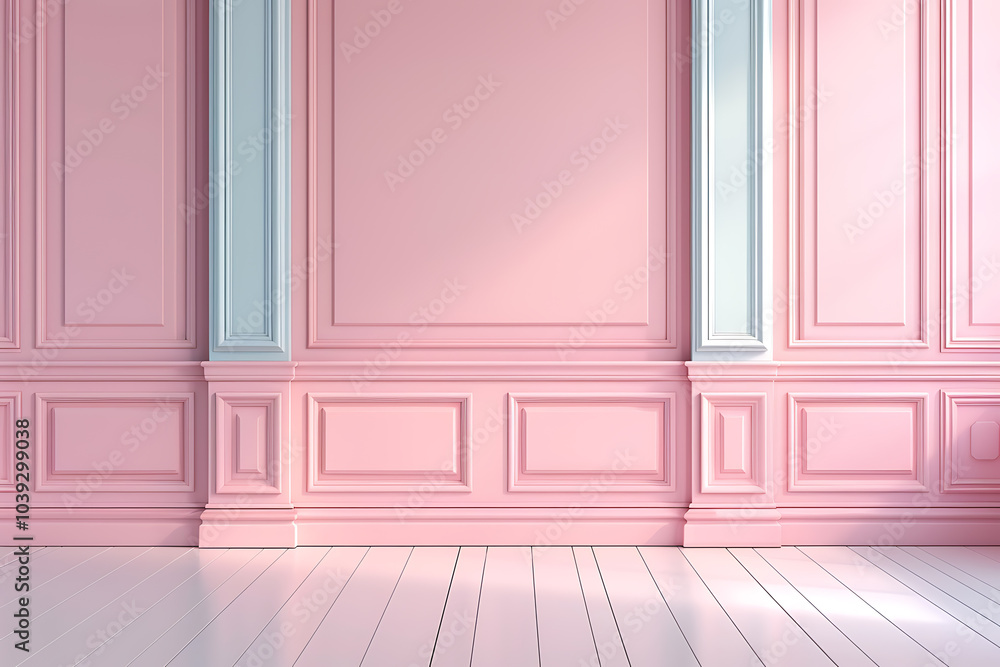 A charming pink and white room with wainscoting. The room has a simple but elegant design with light flooding in from the window creating a soft, inviting atmosphere. A charming pink and white room with wainscoting. The room has a simple but elegant design with light flooding in from the window creating a soft, inviting atmosphere.