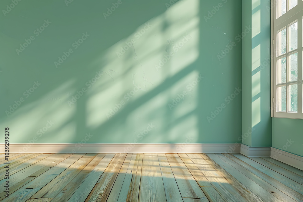 Sunlight streams through a window in an empty room with mint green walls and hardwood floors. The shadows create a calming and inviting atmosphere. Sunlight streams through a window in an empty room with mint green walls and hardwood floors. The shadows create a calming and inviting atmosphere.