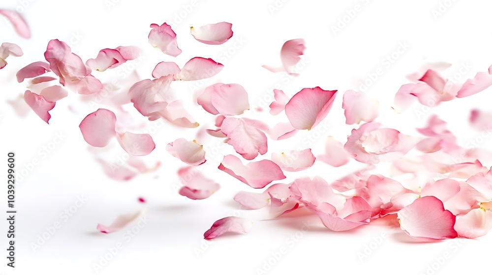 A soft cascade of rose petals gently falling against a dreamy, light pink background, creating a romantic, fairy-tale-like moment A soft cascade of rose petals gently falling against a dreamy, light pink background, creating a romantic, fairy-tale-like moment