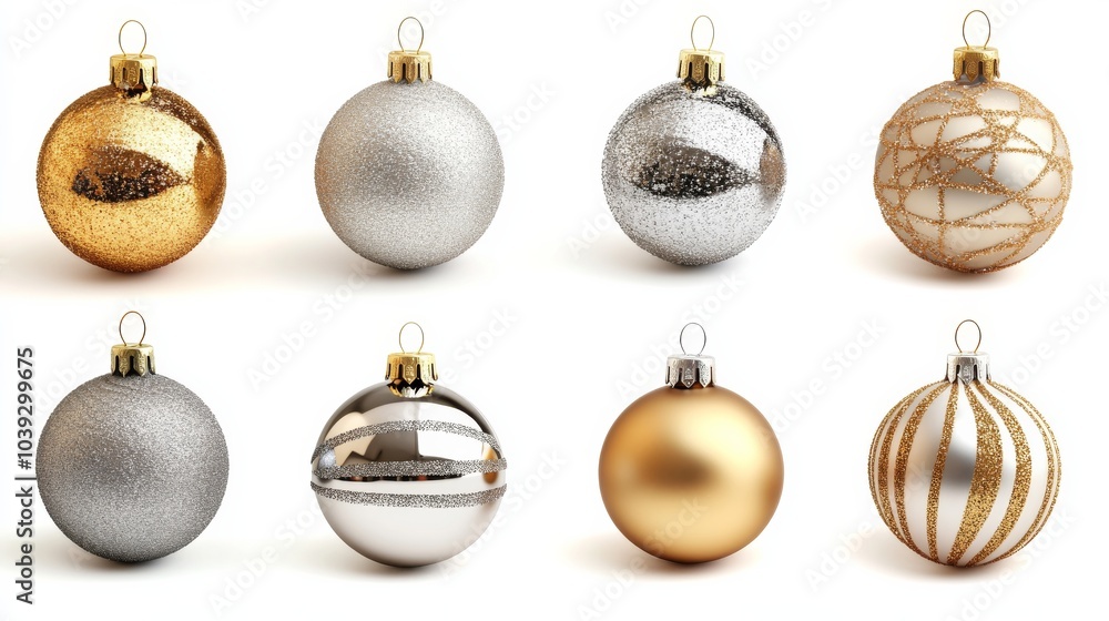 A collection of gold and silver Christmas baubles with glitter and metallic finishes isolated on white background A collection of gold and silver Christmas baubles with glitter and metallic finishes isolated on white background