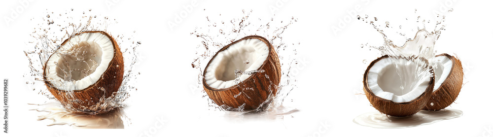 3D coconut halves with coconut water splash isolated on transparent PNG background for tropical and food-themed designs 3D coconut halves with coconut water splash isolated on transparent PNG background for tropical and food-themed designs