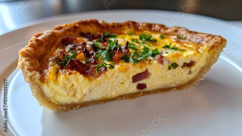 A slice of quiche Lorraine, with eggs, cream, bacon, and cheese baked into a buttery crust.