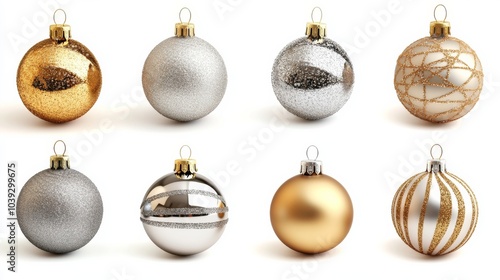 A collection of gold and silver Christmas baubles with glitter and metallic finishes isolated on white background