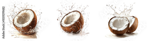 3D coconut halves with coconut water splash isolated on transparent PNG background for tropical and food-themed designs