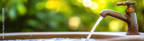 A close-up of a garden tap with water flowing into a basin, surrounded by lush greenery, symbolizing nature and hydration.