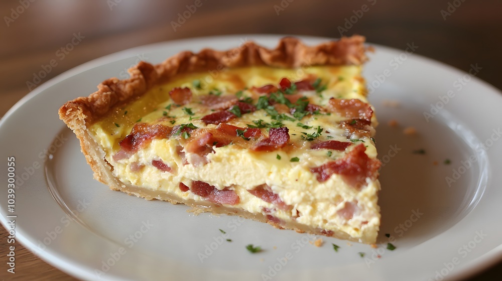 A slice of quiche Lorraine, with eggs, cream, bacon, and cheese baked into a buttery crust.
A slice of quiche Lorraine, with eggs, cream, bacon, and cheese baked into a buttery crust.