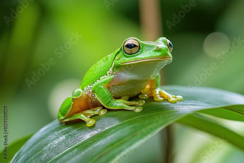 Green frog sitting on leaf near pond, enjoying the sunlight.