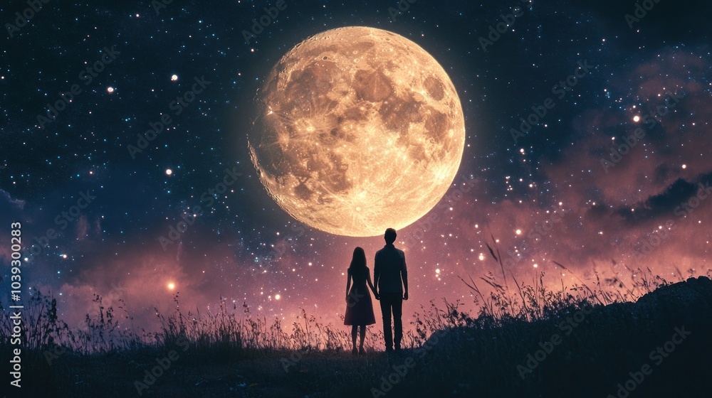 Cute couple admiring sparkling night sky with large moon and galaxy background, romantic scene. Cute couple admiring sparkling night sky with large moon and galaxy background, romantic scene.