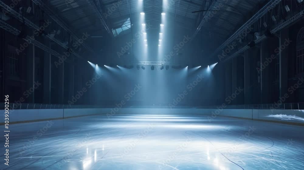 Serene indoor ice rink with dramatic lights creates captivating atmosphere, where smooth surface reflects beams of light, enhancing tranquil yet vibrant winter sports setting. Serene indoor ice rink with dramatic lights creates captivating atmosphere, where smooth surface reflects beams of light, enhancing tranquil yet vibrant winter sports setting.