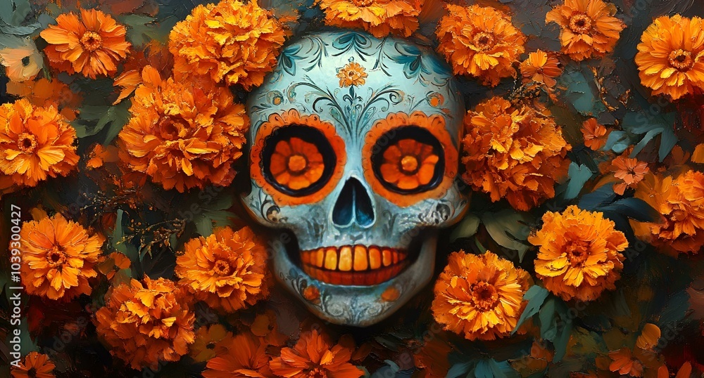 a skull with orange flowers
a skull with orange flowers