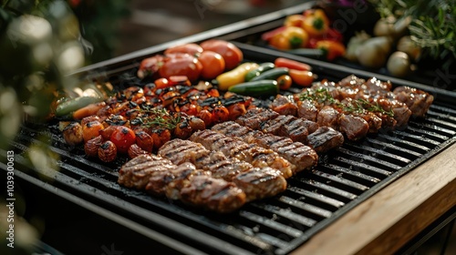 Grilled meats and vegetables on a barbecue grill with vibrant colors