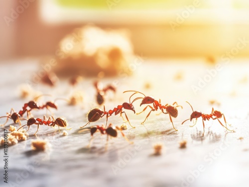 A close-up view of ants foraging on a sunny surface, showcasing their teamwork and movement in nature.