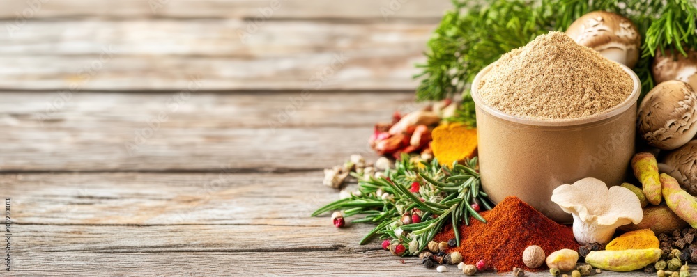 A collection of aromatic spices and herbs arranged beautifully on a wooden surface, showcasing their natural textures and colors. A collection of aromatic spices and herbs arranged beautifully on a wooden surface, showcasing their natural textures and colors.