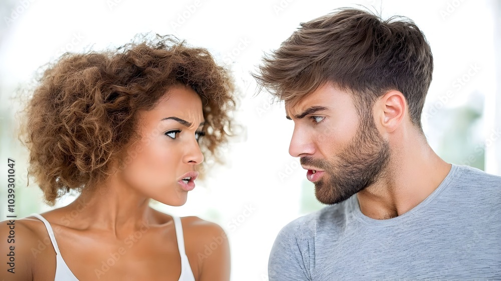 Intense facial expressions of an arguing couple in the middle of a heated discussion displaying and tension in their relationship Intense facial expressions of an arguing couple in the middle of a heated discussion displaying and tension in their relationship
