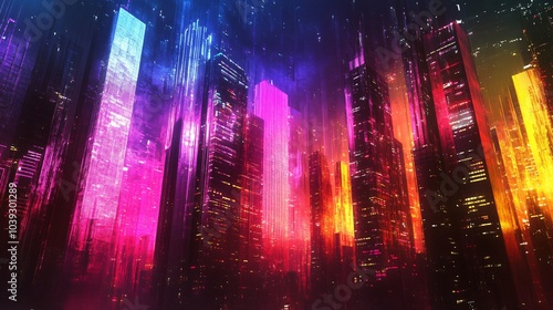 Futuristic city skyline with glowing neon lights and a digital art style.