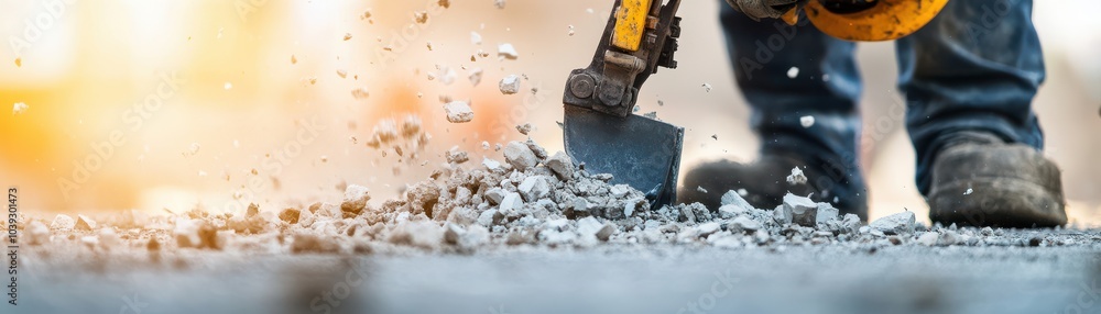 A construction worker uses a power tool to break concrete, creating dust and debris in a dynamic work environment. A construction worker uses a power tool to break concrete, creating dust and debris in a dynamic work environment.