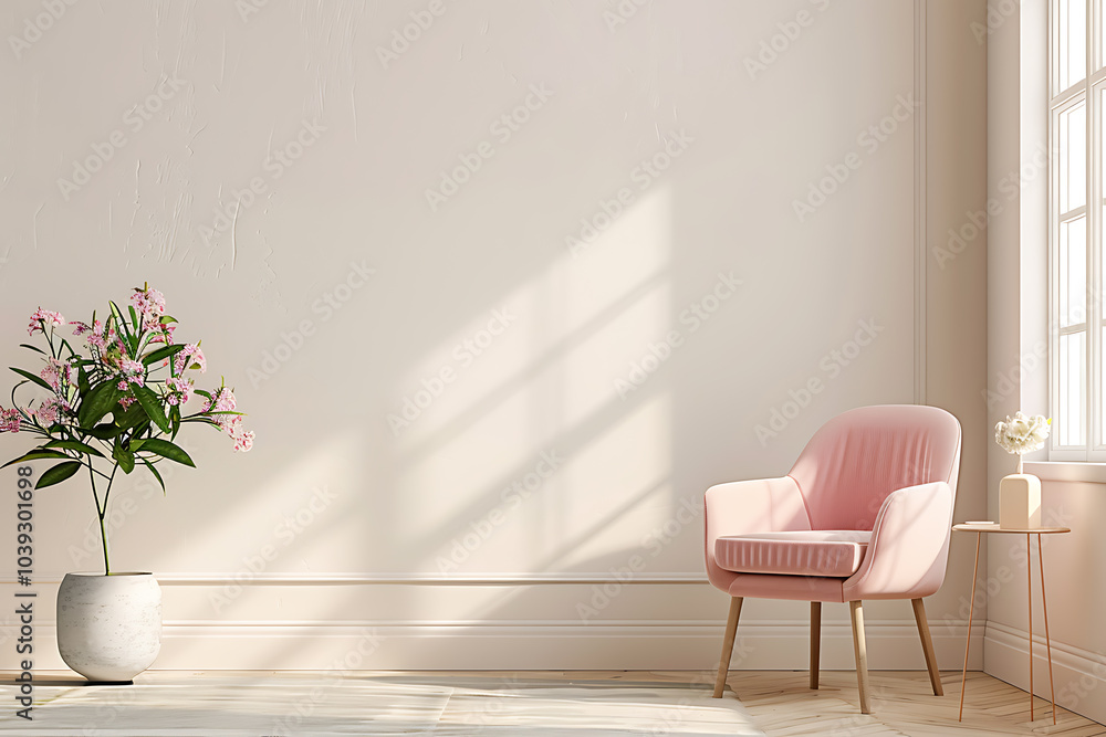 A pink armchair sits in a sun-drenched room with a plant in a white pot and a side table nearby. The white walls and wooden floors create a minimalist backdrop. A pink armchair sits in a sun-drenched room with a plant in a white pot and a side table nearby. The white walls and wooden floors create a minimalist backdrop.