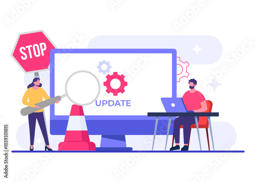Computer with software update screen flat vector illustration, System maintenance, update process, install software, operating system