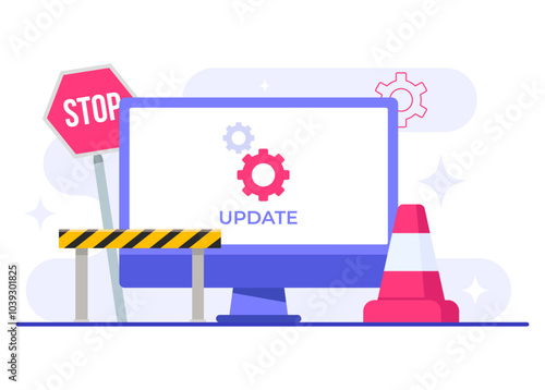 Computer with software update screen flat vector illustration, System maintenance, update process, install software, operating system
