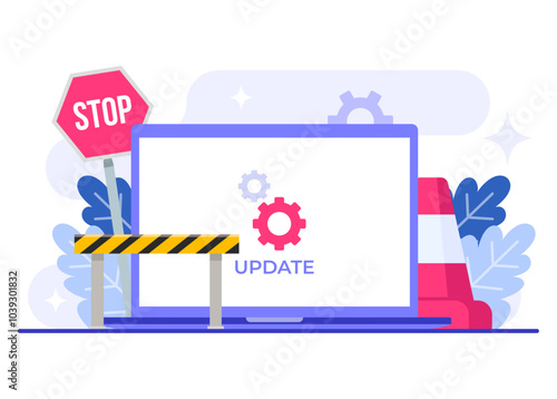 Laptop with software update screen flat vector illustration, System maintenance, update process, install software, operating system