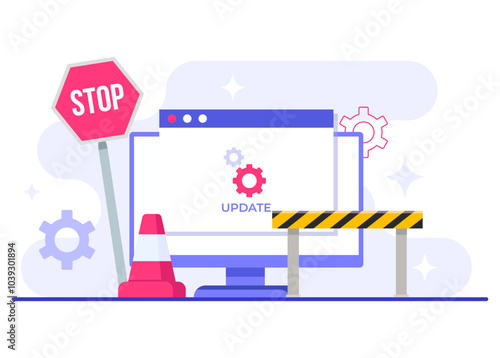 Computer with software update screen flat vector illustration, System maintenance, update process, install software, operating system