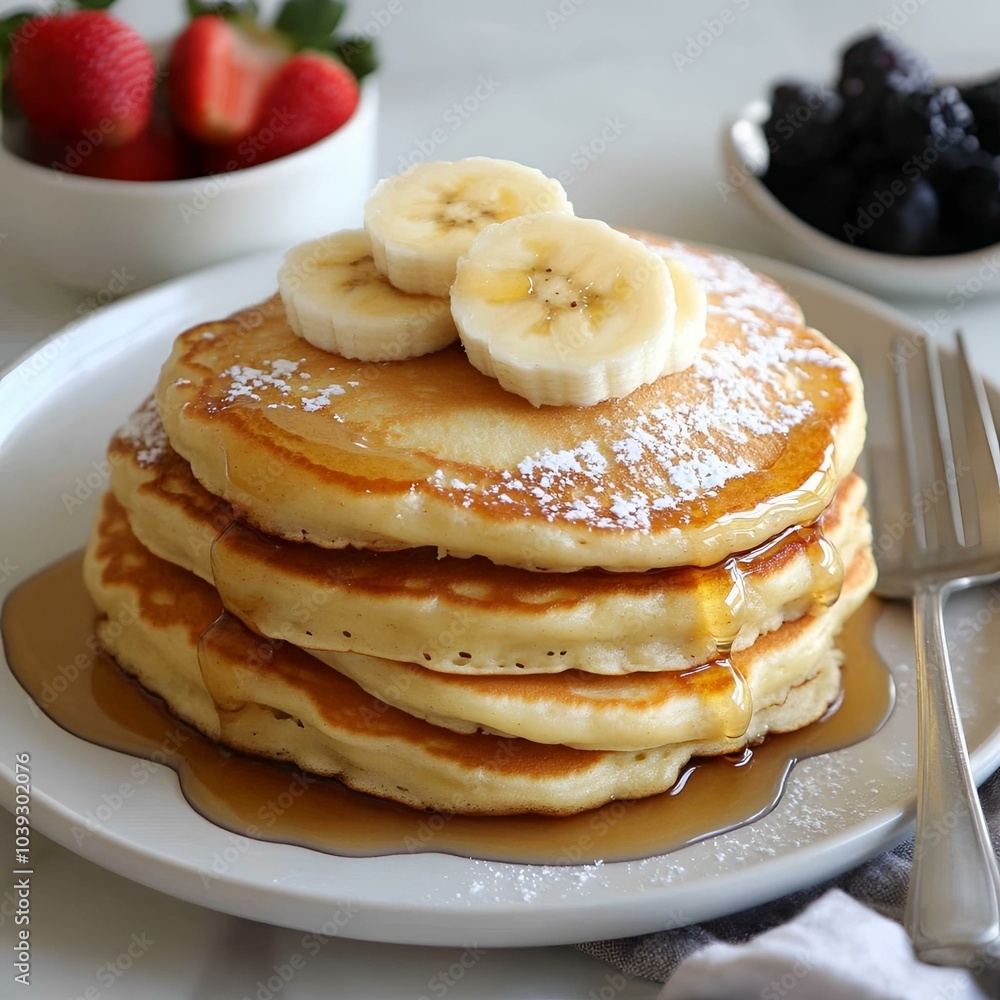 Stack of pancakes topped with banana slices and syrup. Stack of pancakes topped with banana slices and syrup.