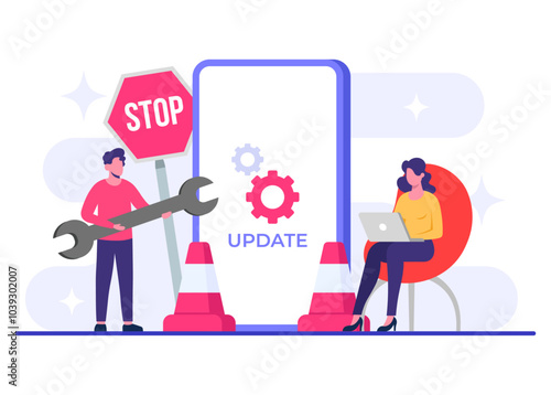 Smartphone with software update screen flat vector illustration, System maintenance, update process, install software, operating system