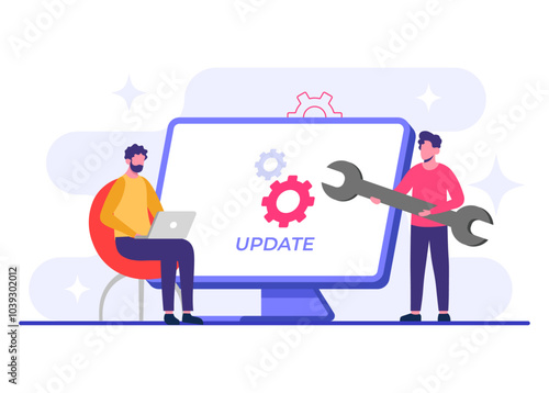 Computer with software update screen flat vector illustration, System maintenance, update process, install software, operating system