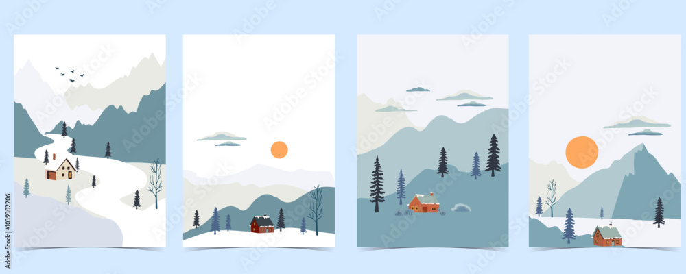 Fotobehang Blauwe hemel winter landscape background with mountain,tree.Editable vector illustration for postcard vertical size #1039302206