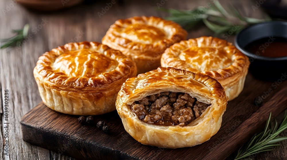 An Australian meat pie, with flaky pastry filled with seasoned ground beef.
An Australian meat pie, with flaky pastry filled with seasoned ground beef.