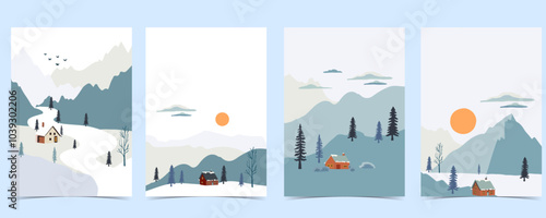 winter landscape background with mountain,tree.Editable vector illustration for postcard vertical size