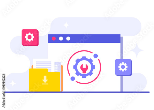 System maintenance flat vector illustration, Error, Fixing trouble, Device updating, Software system under maintenance, Software upgrade process on devices, People update operation system