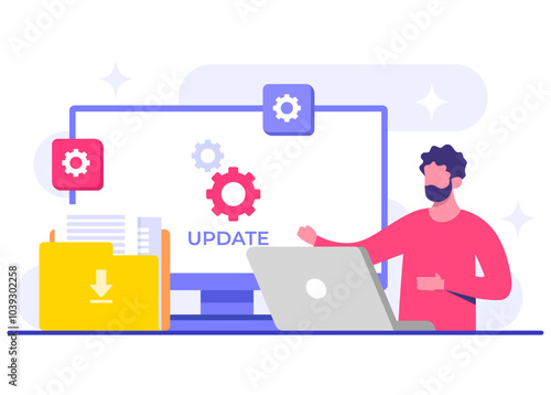 Software engineer updates operating system, Software update flat vector illustration, System maintenance, update process, install software