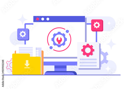 System maintenance flat vector illustration, Error, Fixing trouble, Device updating, Software system under maintenance, Software upgrade process on devices, People update operation system