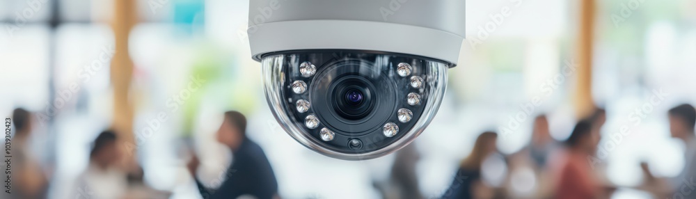 A detailed view of a security camera monitoring a busy indoor environment, highlighting surveillance technology in action. A detailed view of a security camera monitoring a busy indoor environment, highlighting surveillance technology in action.