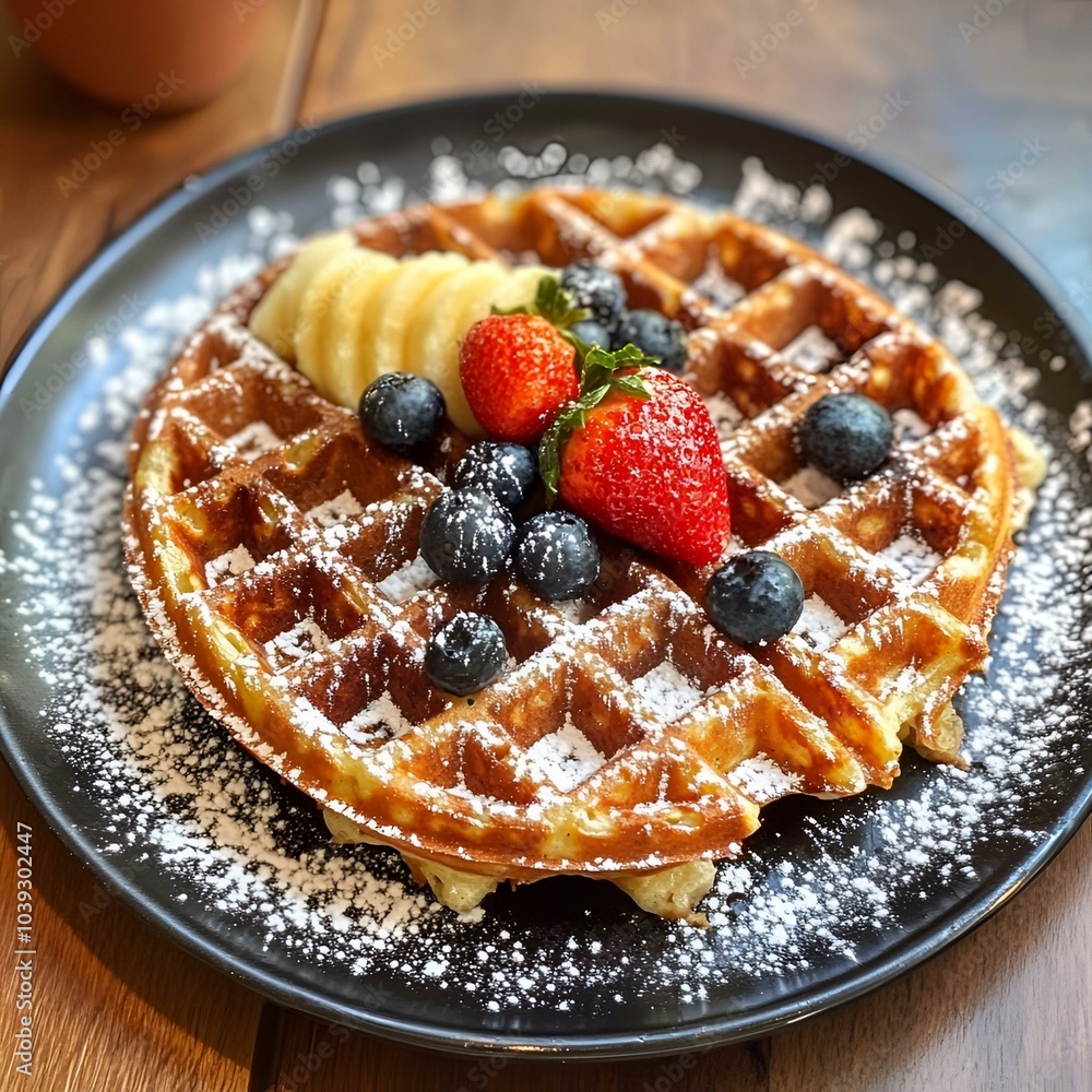 Waffle with berries and banana slices dusted with sugar. Waffle with berries and banana slices dusted with sugar.
