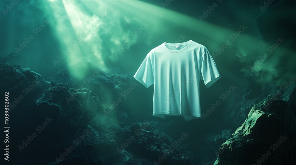 Obraz premium 3D Model Mockup Template Ethereal Green Light of White T-Shirt Mockup