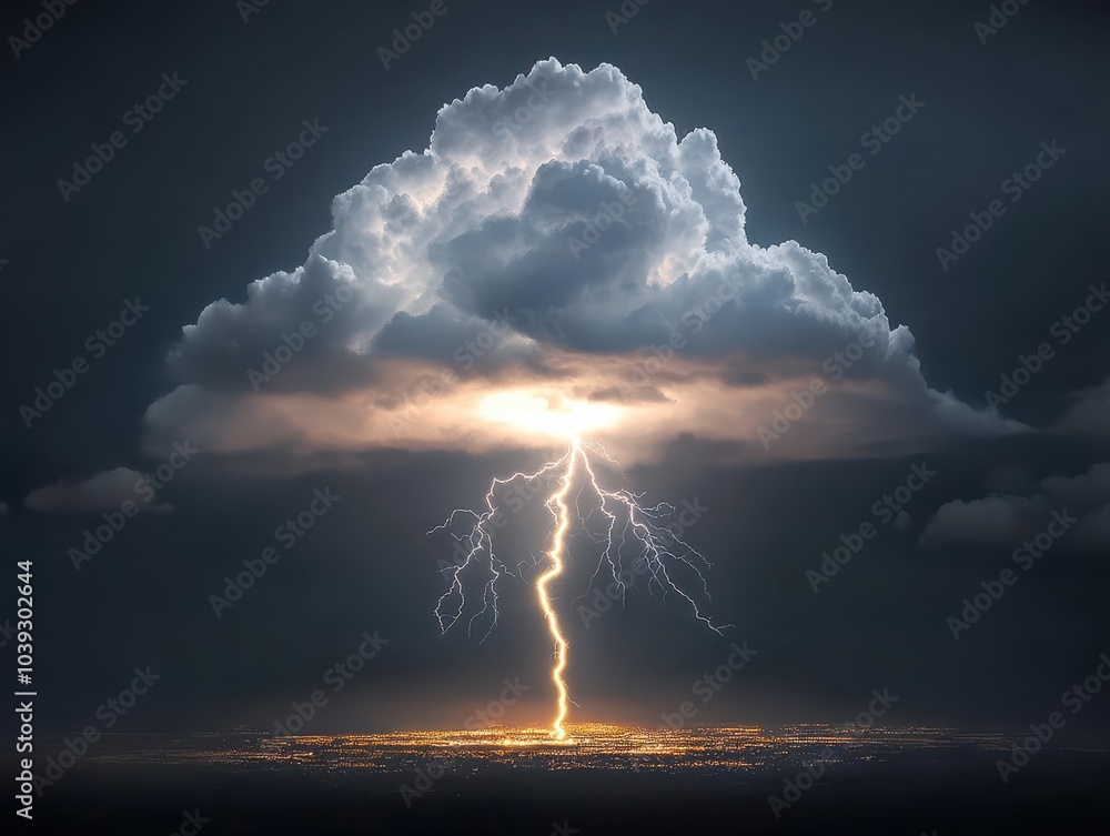 A dramatic lightning bolt strikes from a dark storm cloud, illuminating the sky in an electrifying display of nature's power. A dramatic lightning bolt strikes from a dark storm cloud, illuminating the sky in an electrifying display of nature's power.
