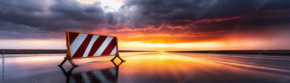 A dramatic sunset over a reflective surface with a construction barrier in the foreground, creating a striking visual contrast. A dramatic sunset over a reflective surface with a construction barrier in the foreground, creating a striking visual contrast.