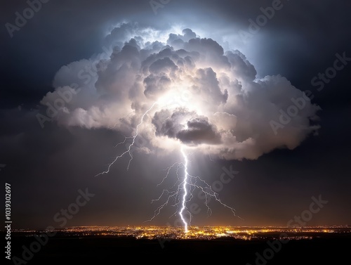 A dramatic thunderstorm displays vivid lightning striking from a cloud, illuminating the night sky and city below.