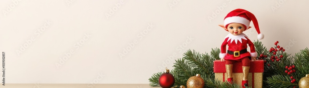 A festive holiday scene featuring a cheerful elf doll, gifts, and decorative greenery, perfect for Christmas-themed projects. A festive holiday scene featuring a cheerful elf doll, gifts, and decorative greenery, perfect for Christmas-themed projects.