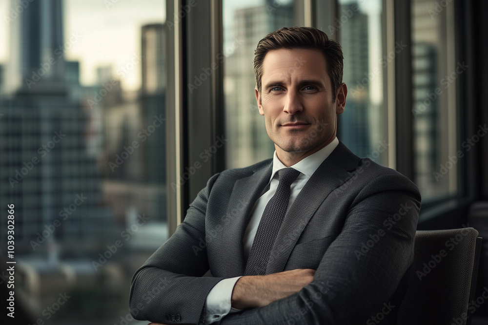 Sleek and polished corporate headshot of a man in a suit with city in background Sleek and polished corporate headshot of a man in a suit with city in background