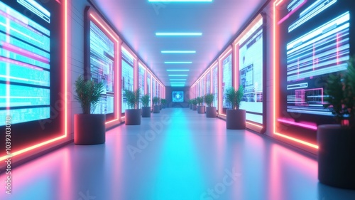 A futuristic corridor illuminated with neon lights  featuring digital displays and potted plants  evoking a high-tech atmosphere.