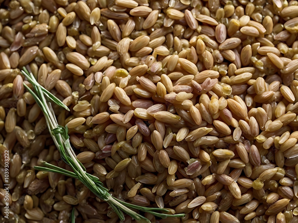 Obraz premium Organic farro grains with sprig of fresh thyme isolated on white background, natural ingredients 
