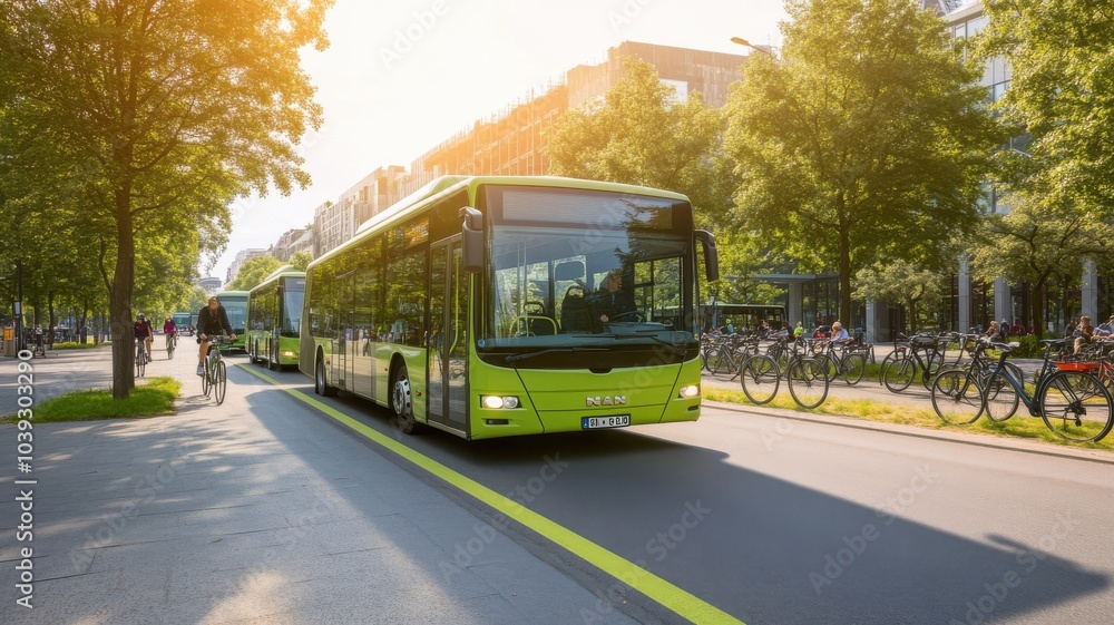 Obraz premium A green city bus travels along a sunlit street, showcasing urban transportation surrounded by trees and bicycles.