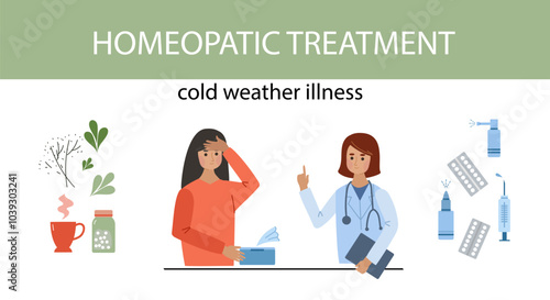 Homeopathic treatment and phytotherapy. Sick man consult with doctor. Herbal  medicine, pharmacy. Alternative medicine concept. Vector hand drawn flat cartoon illustration. cold weather illness.