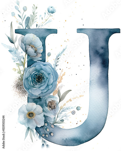 Capital Letter U Watercolor Floral Dusty Blue Vintage Elegant Soft,wedding invitation card,Monogram,flower,rose,wreath,arrangement,frame,Typography,Decorative,Alphabet,Botanical,Graphic design photo