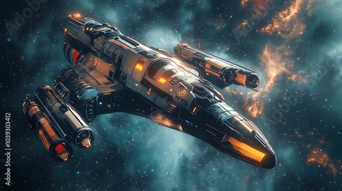 Wallpaper Mural Futuristic Spaceship in Dramatic Cosmic Battle with Fiery Explosions and Glowing Engines Torontodigital.ca