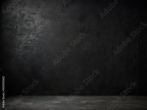 Rough black wall texture background with dark concrete floor creating an old grunge appearance 